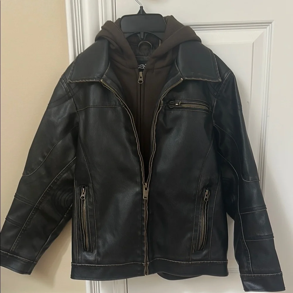 Black Rivet Faux Leather Bomber Jacket w/ Removable Hooded Zip-Out Hoodie NWOT